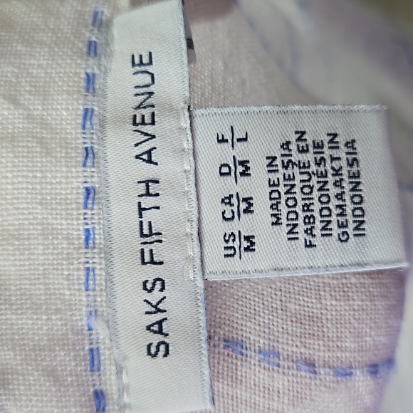 Saks Fifth Avenue Linen White Blue Striped Collared Button Tab Roll Sleeve Top M - Picture 9 of 10